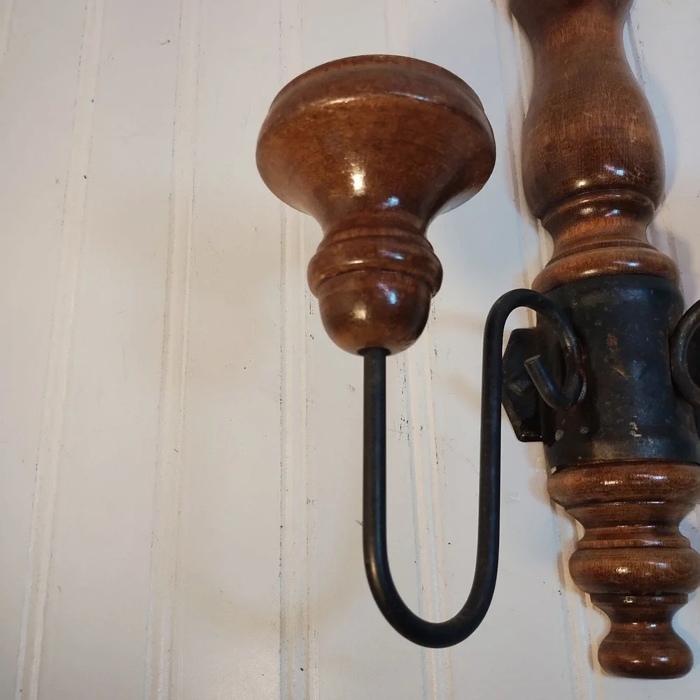 Vtg Home Interior Farmhouse Wood Wrought Iron Wall Sconce Double Candle MCM Folk